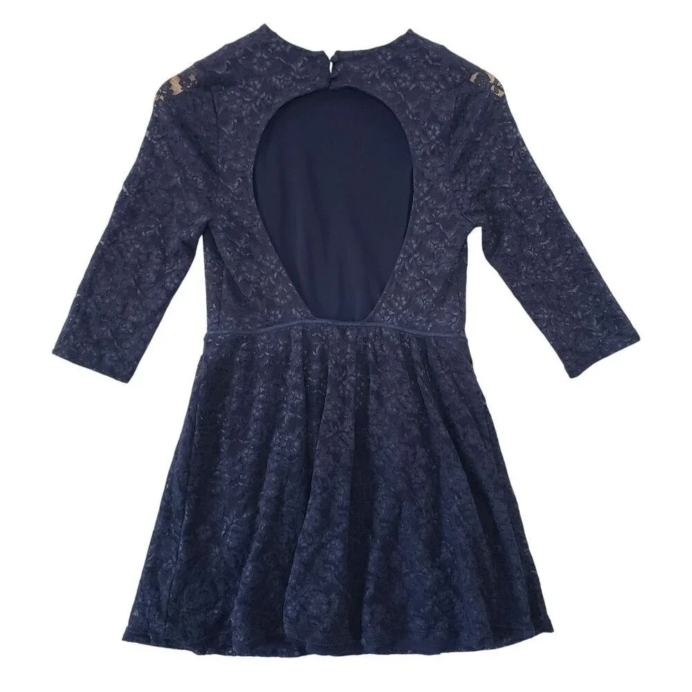 Victorias Secret Lace Dress Womens‎ Small Navy Blue Open Back 3/4 Sleeve Mini
